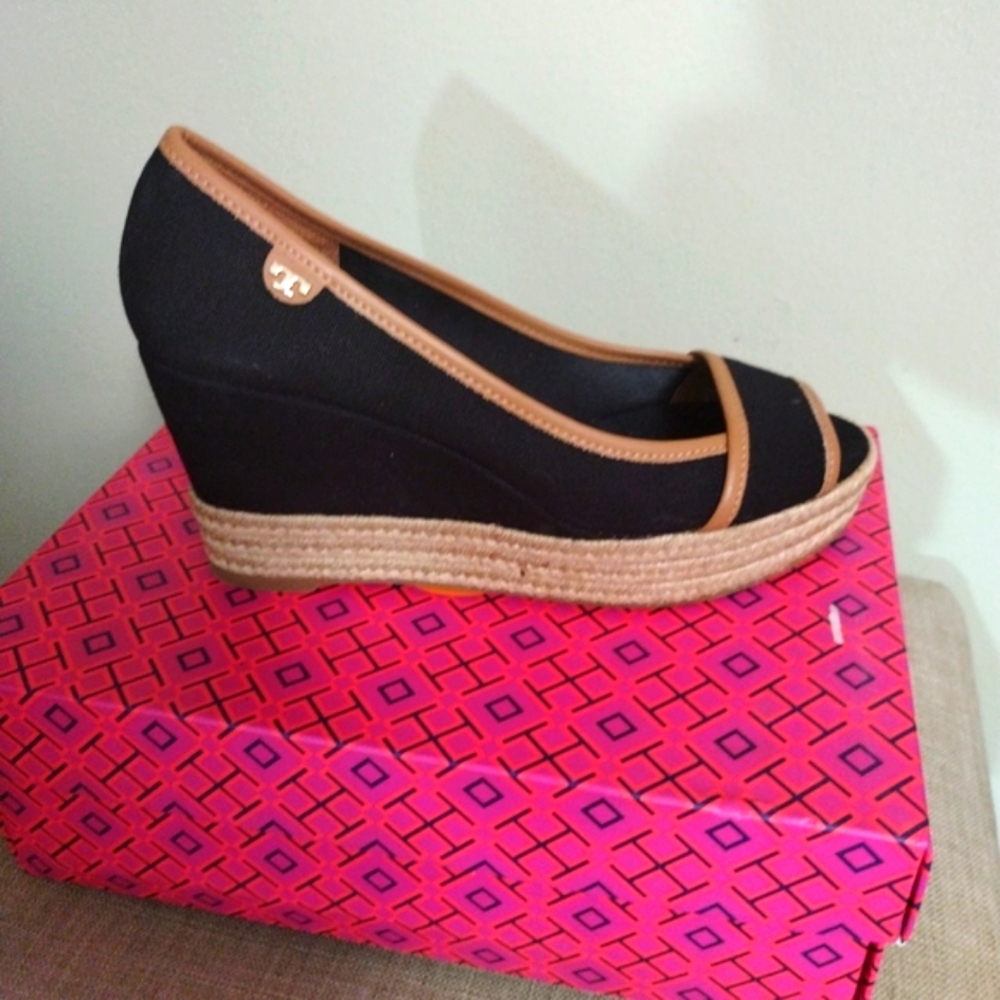 Tory Burch Black and Tan Wedge Espadrilles